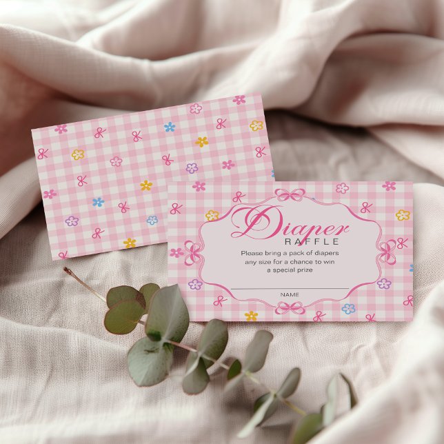 Carte D'accompagnement Pink Gingham Floral Bow Diaper Raffle Insert Card (Créateur téléchargé)