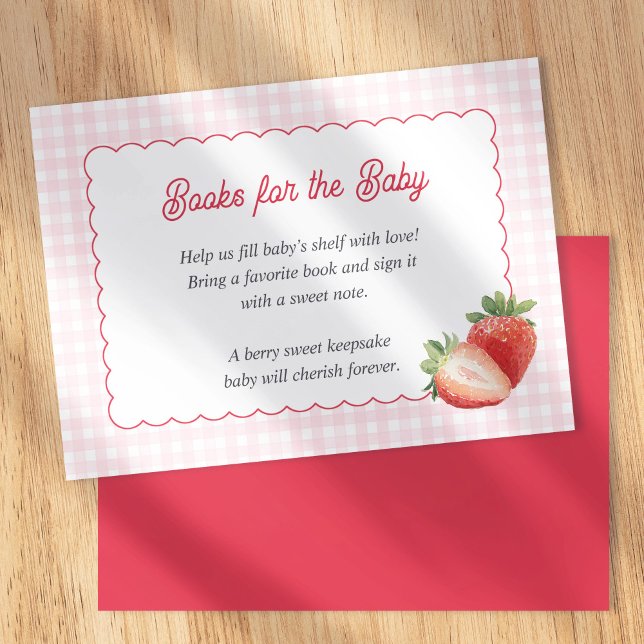 Carte D'accompagnement Pink Gingham Strawberry-Books for Baby Cards (Berry Sweet, Strawberry with pink gingham-Books for baby card. Spring Baby Girl shower insert card.)