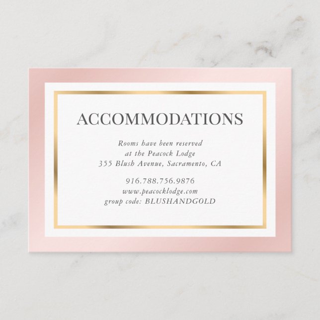 Carte D'accompagnement Pink Gold Blush Élégant Mariage Hébergement (Devant)