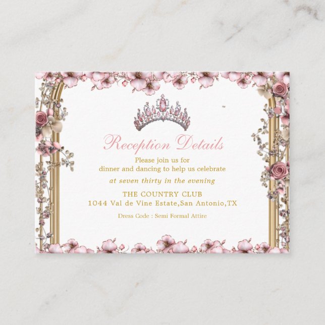 Carte D'accompagnement Pink Golden Tiara Floral Quinceañer Enclosure Card (Devant)