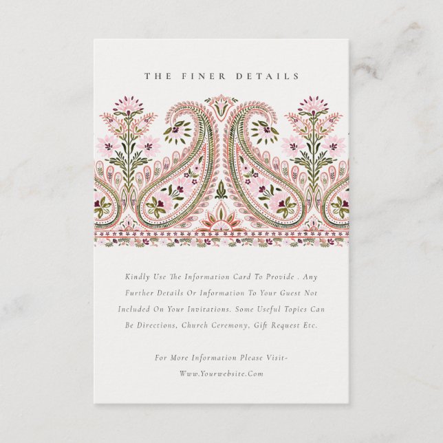 Carte D'accompagnement Pink Green Floral Paisley Motif Détails du Mariage (Devant)