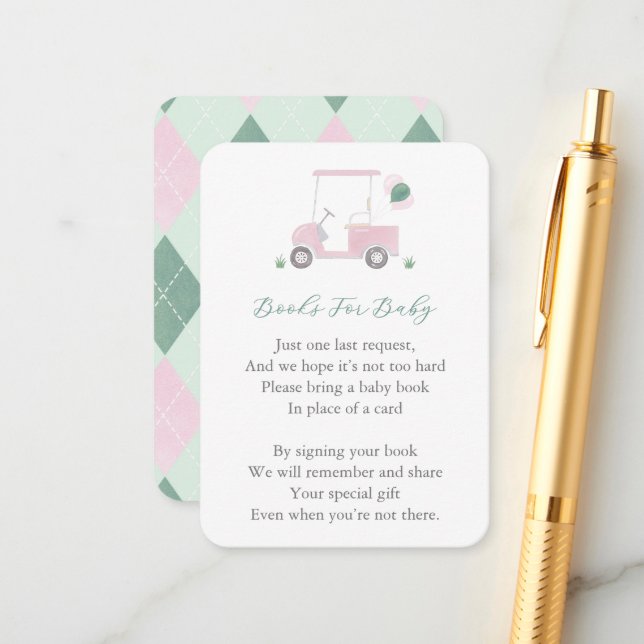 Carte D'accompagnement Pink Green Golf Part Baby shower Apporter Un Livre (Devant/Arrière en situation)
