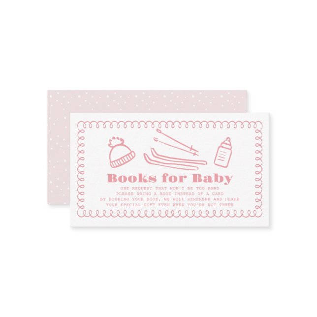 Carte D'accompagnement Pink Hand-Drawn Ski Baby Book Demande (Devant/Arrière en situation)