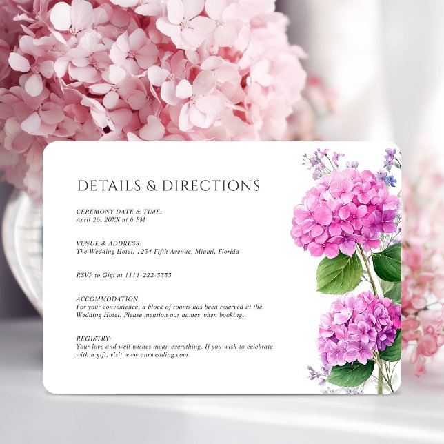 Carte D'accompagnement Pink Hydrangea Flowers Watercolor Elegant Wedding (Pink Hydrangea Flowers Watercolor Elegant Wedding Enclosure Card)
