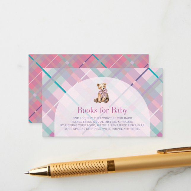 Carte D'accompagnement Pink & Lavender Plaid Teddy Bear Baby Book Demande (Devant/Arrière en situation)