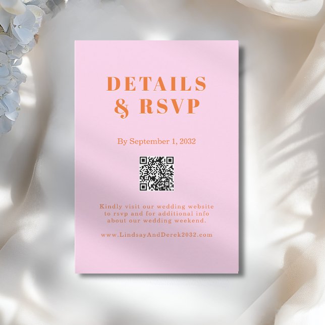 Carte D'accompagnement Pink Orange Bold Font QR Code Wedding RSVP  (Pink Orange Bold Font QR Code Wedding RSVP Enclosure Card)