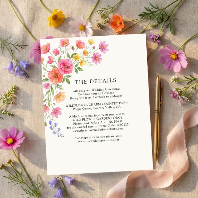 Carte D'accompagnement Pink Orange Flowers Wedding Details (Wedding details card from the Wildflower Bloom collection by Darling & May)