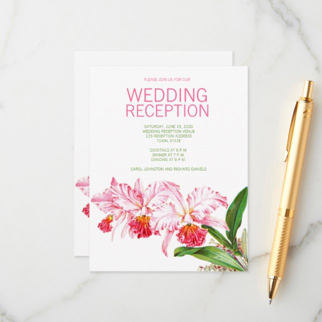 Carte D'accompagnement Pink Orchids Watercolor Wedding Reception (Devant/Arrière en situation)
