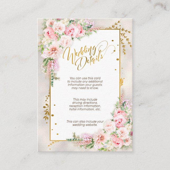 Carte D'accompagnement Pink Peony Floral Gold Script & Détails du cadre (Devant)