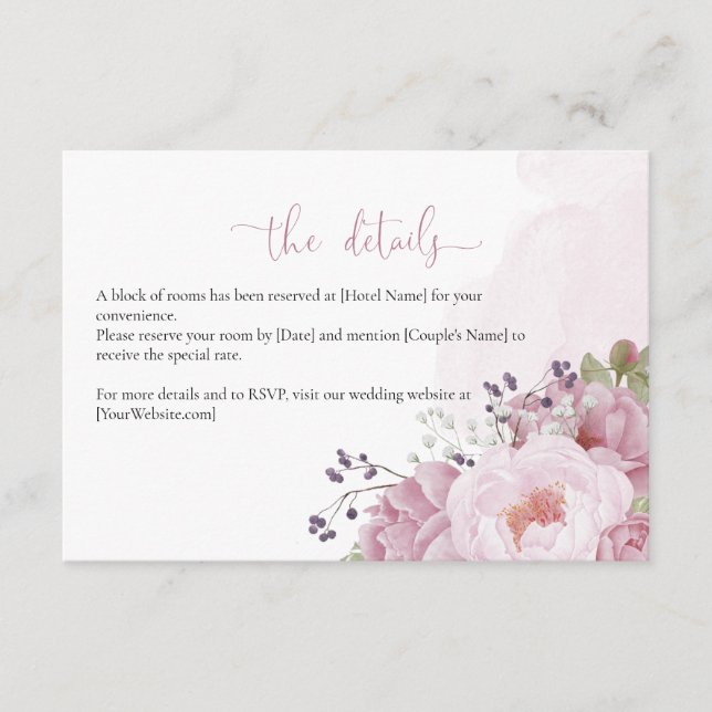 Carte D'accompagnement Pink Peony Wedding Details Card (Devant)