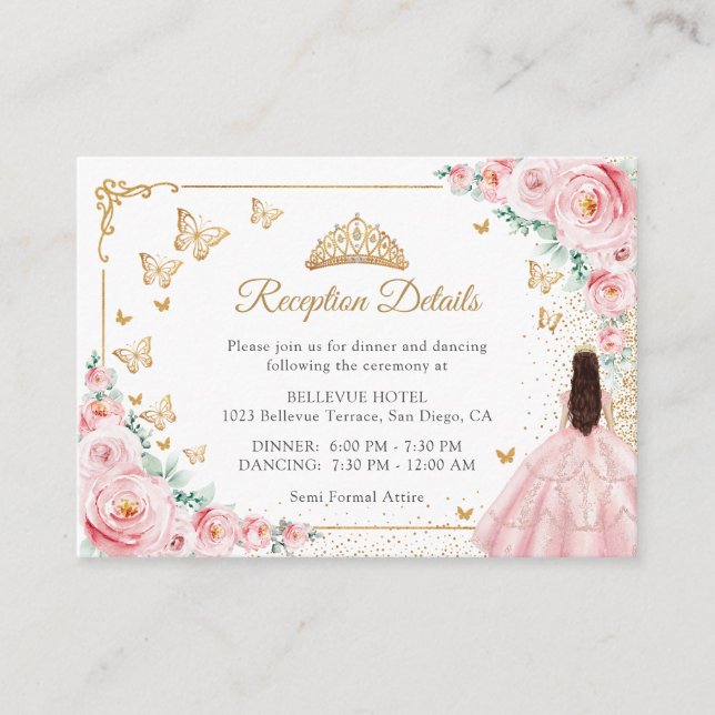 Carte D'accompagnement Pink Roses Gold Quinceanera Reception Details (Devant)