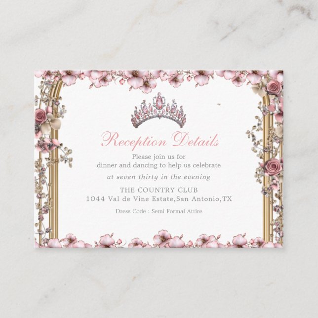 Carte D'accompagnement Pink Silver Tiara Floral Quinceañer Enclosure Card (Devant)