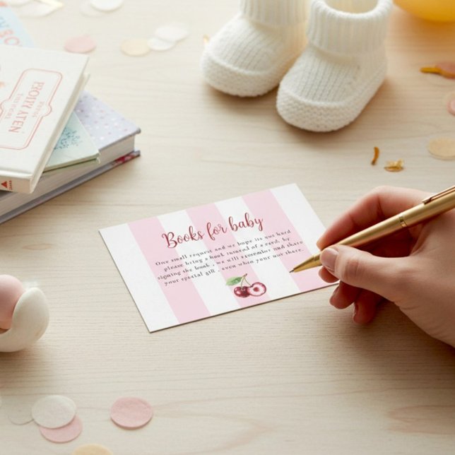 Carte D'accompagnement Pink Stripes Cherry Books for Baby Shower  (Créateur téléchargé)