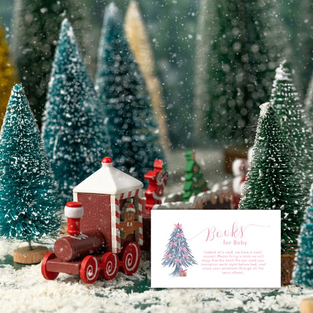 Carte D'accompagnement Pink Winter Bow Christmas Tree Books Baby Shower  (Pink Winter Bow Christmas Tree Books Baby Shower Enclosure Card)