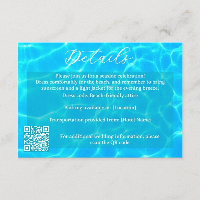 Carte D'accompagnement Plage d'Eau Bleue & Mariage de Destination Thème O (Devant)