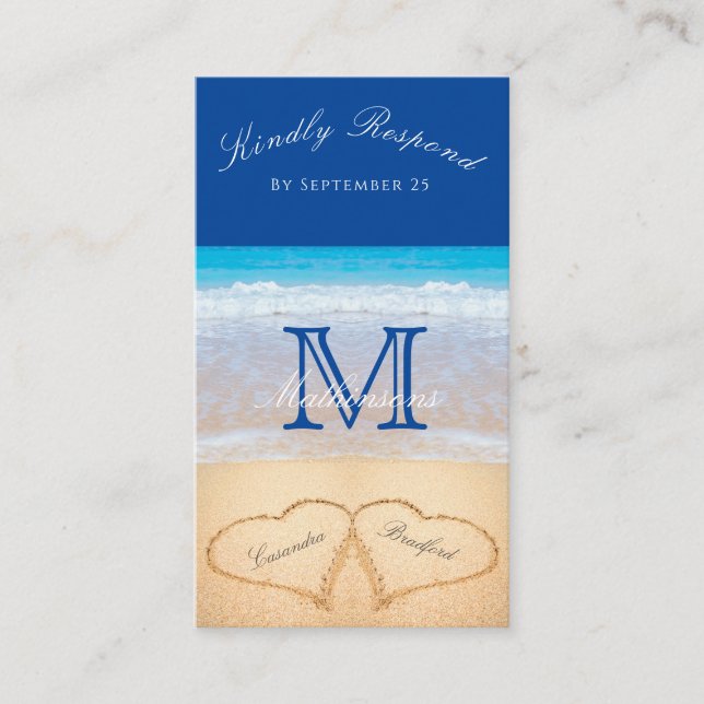 Carte D'accompagnement Plage Mariage 2 Coeurs Sable Bleu foncé RSVP Enclo (Devant)