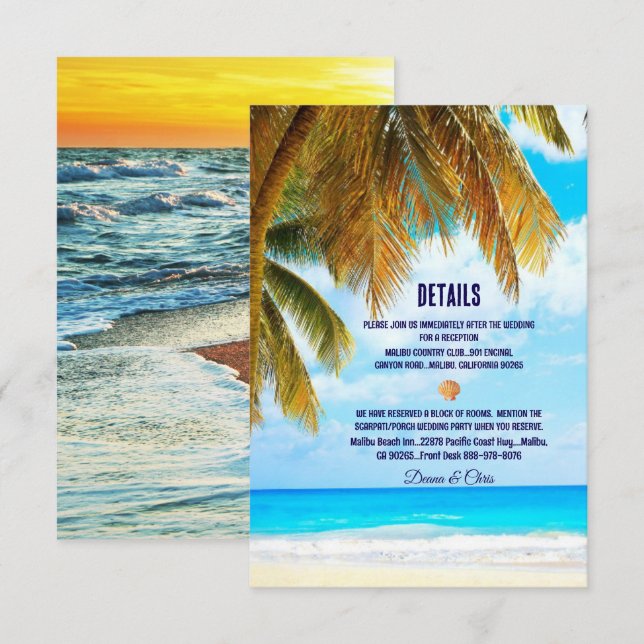 Carte D'accompagnement Plage Palm Trees Océan Destination Mariage (Devant / Derrière)