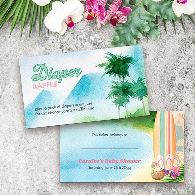 Carte D'accompagnement Planche à voile Raffle sur le Baby shower de plage (Diaper Raffle ticket with Watercolor beach scene and surfboards from my Surfing Collection)