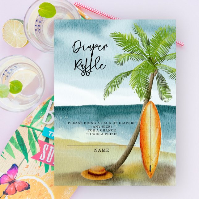 Carte D'accompagnement Planche de surf sur la plage - tombola de couches (Créateur téléchargé)