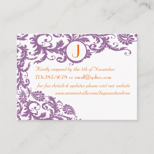 Carte D'accompagnement Plum Damask Orange Response and Website Cards (Devant)