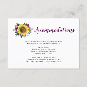 Carte D'accompagnement Plum de tournesol violet Rose Mariage Hébergements
