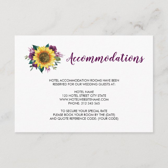 Carte D'accompagnement Plum de tournesol violet Rose Mariage Hébergements (Devant)