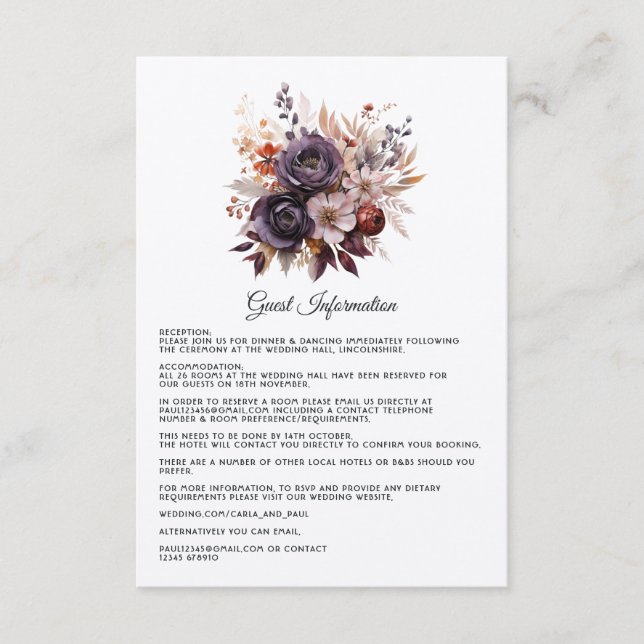 Carte D'accompagnement Plum, Grey, cuivre et Dusty Rose Mariage floral (Devant)