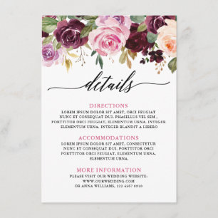 Carte D'accompagnement Plum Purple Blush Rose Botanique Détails