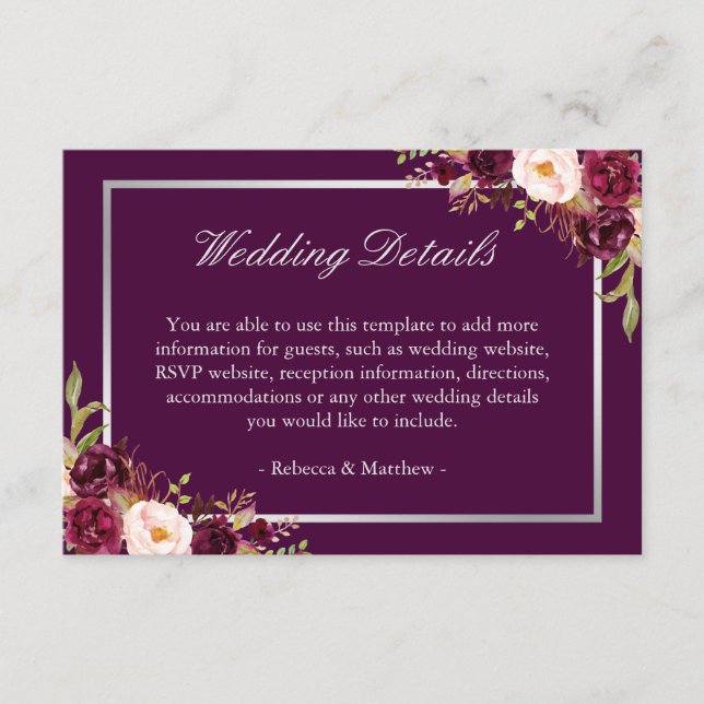 Carte D'accompagnement Plum Purple Floral Silver Grey Détails Mariage (Devant)