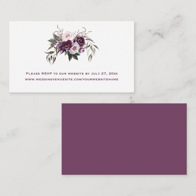 Carte D'accompagnement Plum violet Pink Peonies Mariage Floral | (Devant / Derrière)