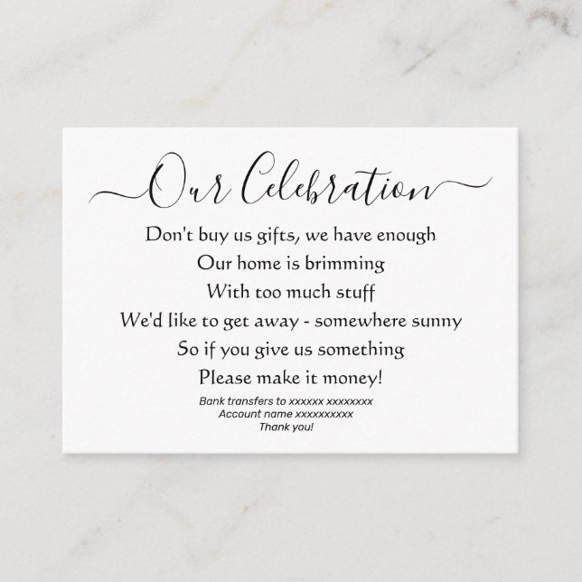 Carte D'accompagnement Poème de mariage simple et élégant sans cadeaux ni (Devant)