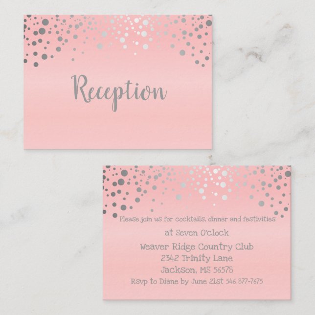 Carte D'accompagnement Points Confetti rose et argent - Réception (Devant / Derrière)