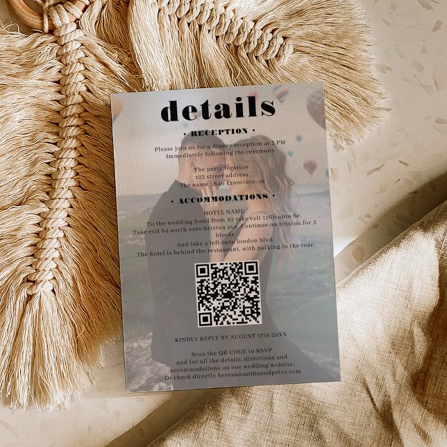Carte D'accompagnement Police en gras Détails du mariage Qr code 2 photos (Bold font wedding details Qr code 2 photos white Enclosure Card)