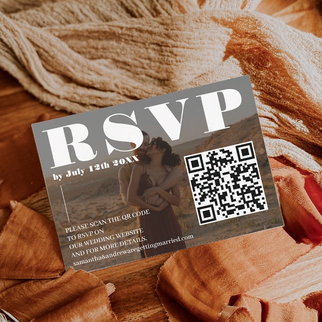 Carte D'accompagnement Police en gras mariage rsvp Qr code 2 photos noir (Bold font wedding rsvp Qr code 2 photos black Enclosure Card)