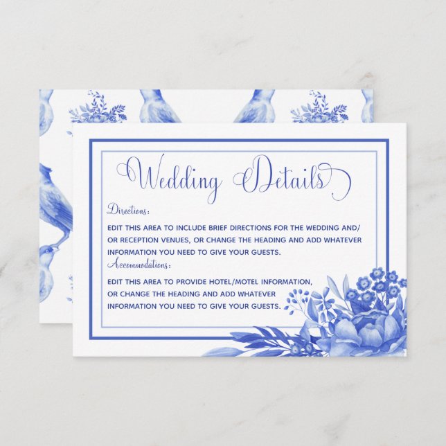 Carte D'accompagnement Porcelaine Florale Bleue & Blanc Détails Mariage (Devant / Derrière)