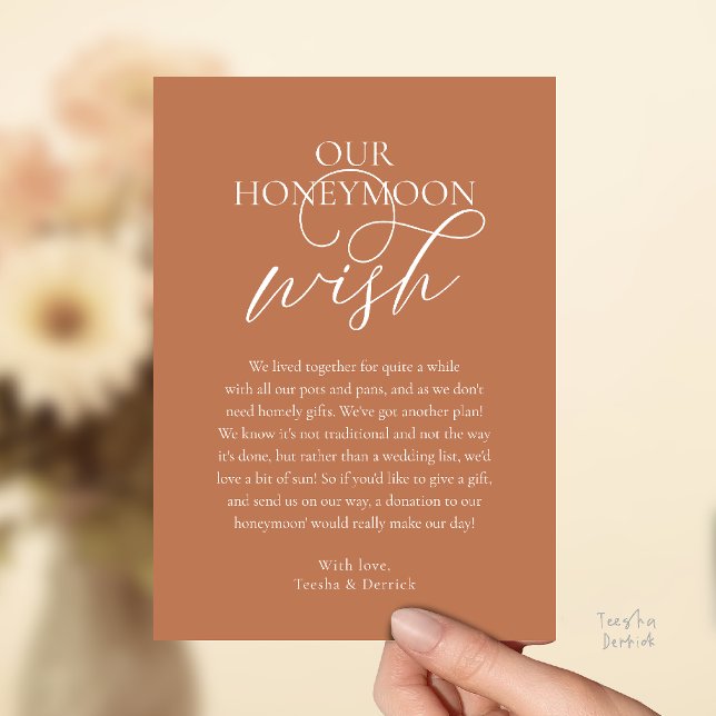 Carte d'accompagnement pour un fonds élégant de vœ (Elegant Script Honeymoon Wish Cash Fund Enclosed Invitation Card in Copper Brown Terracotta)