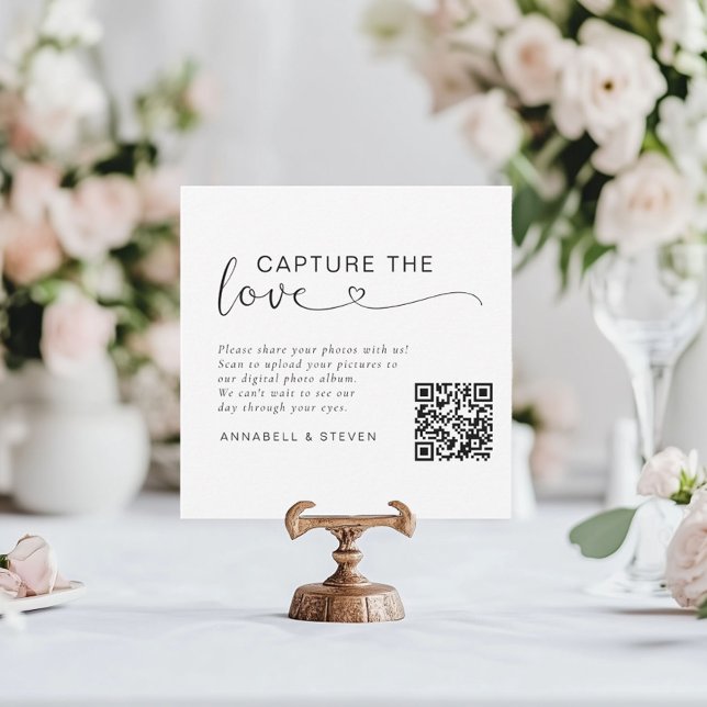 Carte D'accompagnement Prenez l'amour ! Mariage QR personnalisé (Capture the love! Photo, QR-Code, Wedding Table Card, White.)