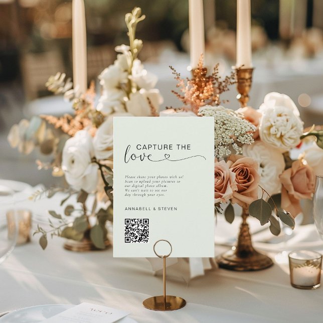 Carte D'accompagnement Prenez l'amour ! Photo, Heart-QR-Code, Mariage (Capture the love! Photo, Heart-QR-Code, Sage-Green, Wedding Enclosure Card)