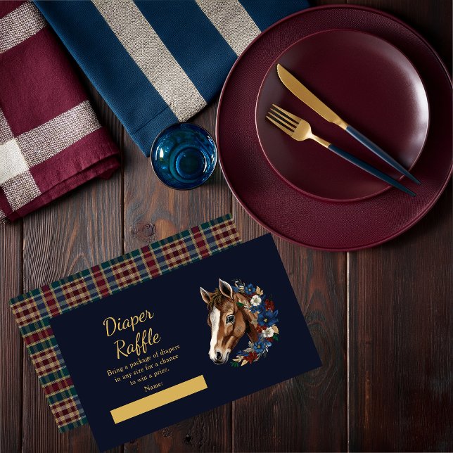 Carte D'accompagnement Préppy Foal équestre Floral Blue Diaper Raffle (Charming Classic Preppy Equestrian Foal and Floral Wreath | Plaid Boy Baby Shower Diaper Raffle Card)