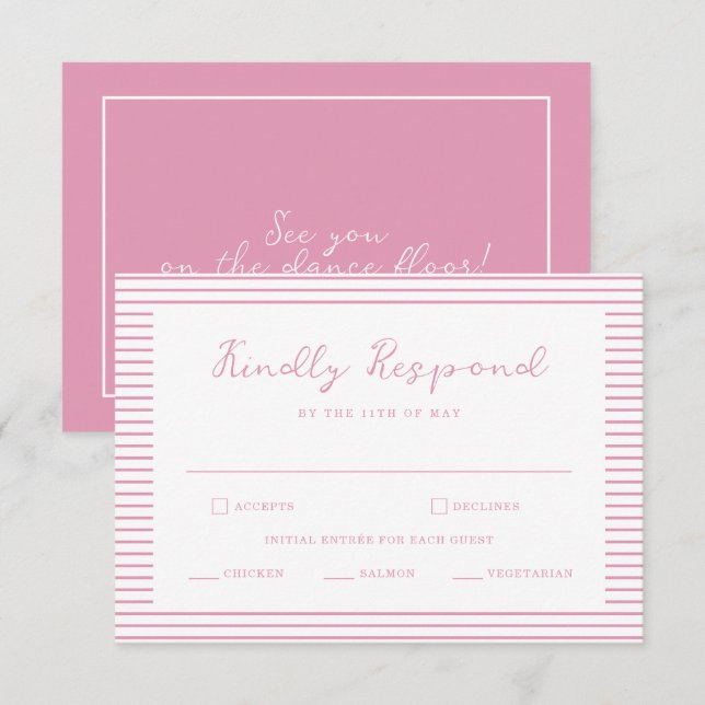 Carte D'accompagnement Preppy Peony Pink Striped Wedding RSVP Card (Devant / Derrière)