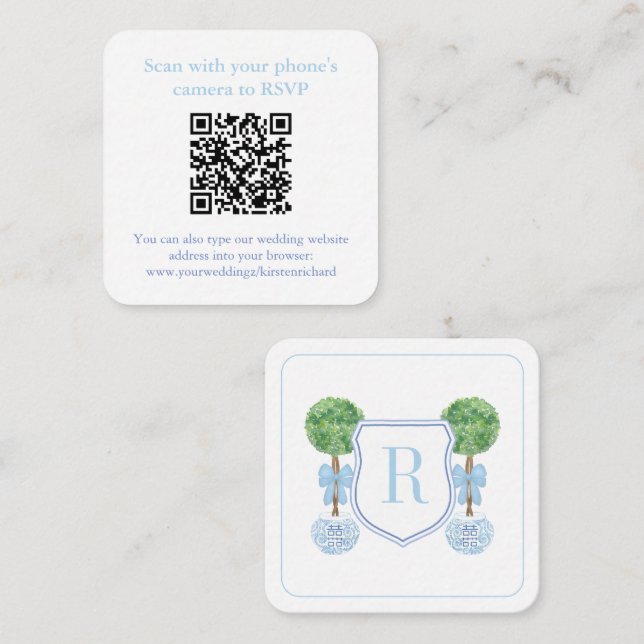 Carte D'accompagnement Preppy QR Code Monogramme Topiary Registry ou RSVP (Devant / Derrière)