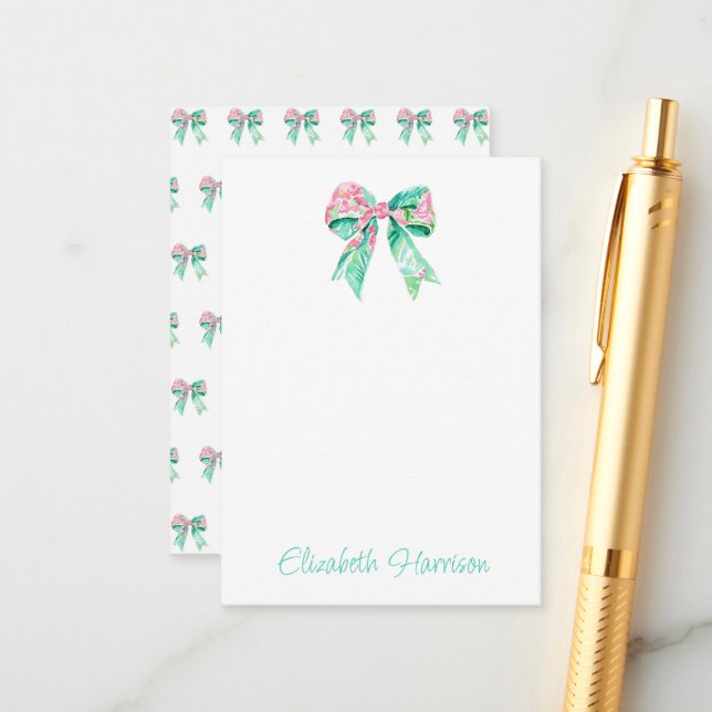 Carte D'accompagnement Preppy rose Floral Bow Personnalisé (Devant/Arrière en situation)