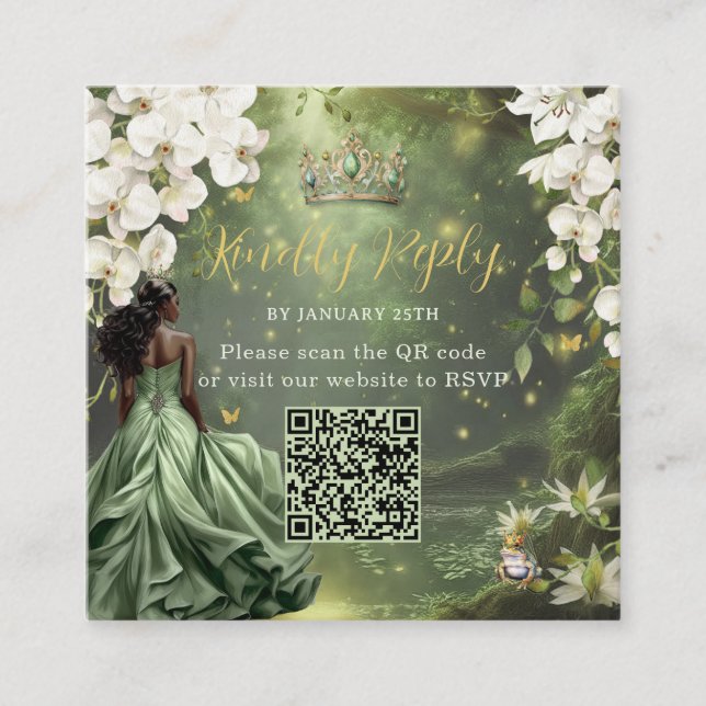 Carte D'accompagnement Princess & Frog Green Dress Sweet 16 Quince XV QR (Devant)