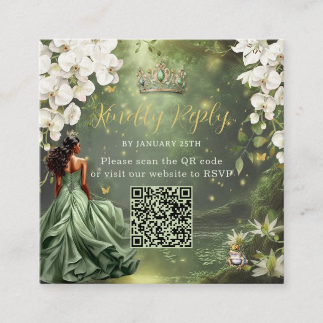 Carte D'accompagnement Princess & Frog Green Dress Sweet 16 Quince XV QR (Devant)