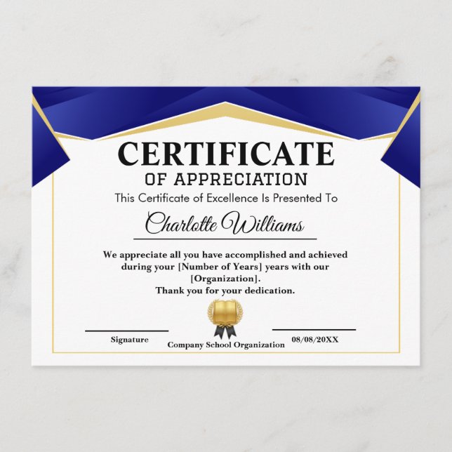 Carte D'accompagnement  Pro Achievement Appreciate Gold Blue Certificate (Devant)