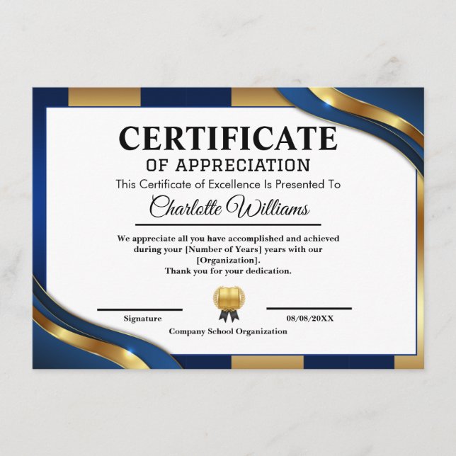 Carte D'accompagnement Professional Certificate of Appreciation Blue Gold (Devant)