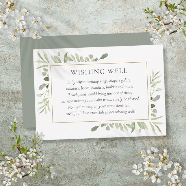 Carte D'accompagnement Puits de souhaits de Baby Shower à la verdure aqua (Watercolor Greenery Baby Shower Wishing Well Enclosure Card)