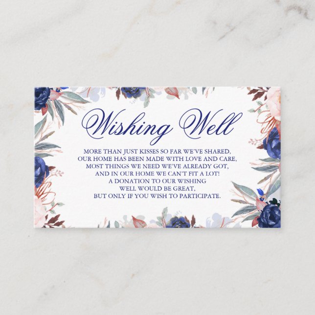 Carte D'accompagnement Puits de souhaits de mariage à fleurs bleu marine (Devant)