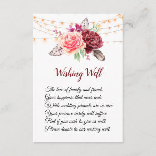 Carte D'accompagnement Puits de vœux de mariage Boho Roses Plumes Lumière