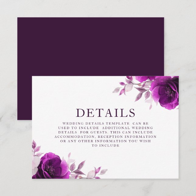 Carte D'accompagnement Purple Amethyst & Indigo, Lilac Détails du Mariage (Devant / Derrière)